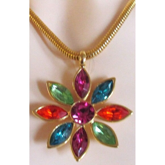 DESIGNER GRAZIANO MULTI COLOR RHINESTONE DAISY FLOWER GOLD CHAIN NECKLACE - Picture 5 of 12